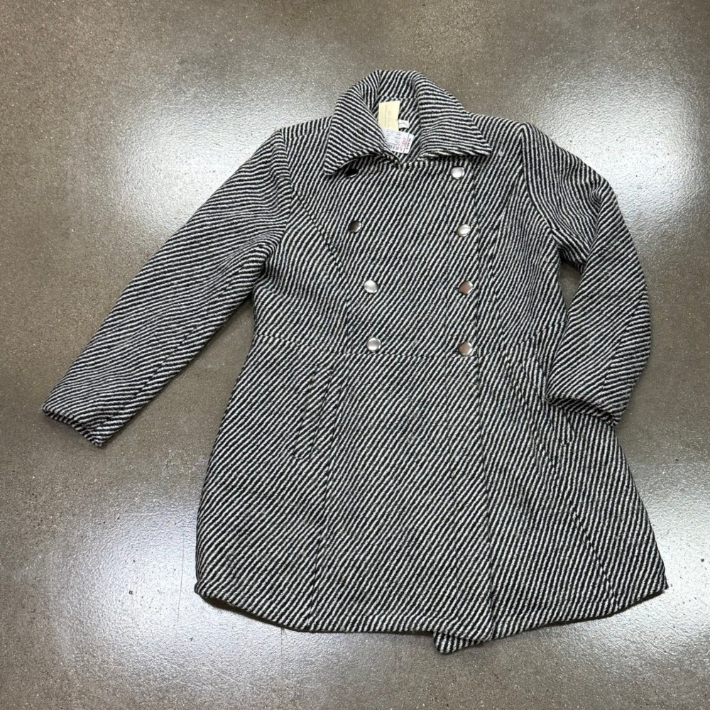 Christopher & Banks Black White Striped Wool Blend Pea Coat NWT Large